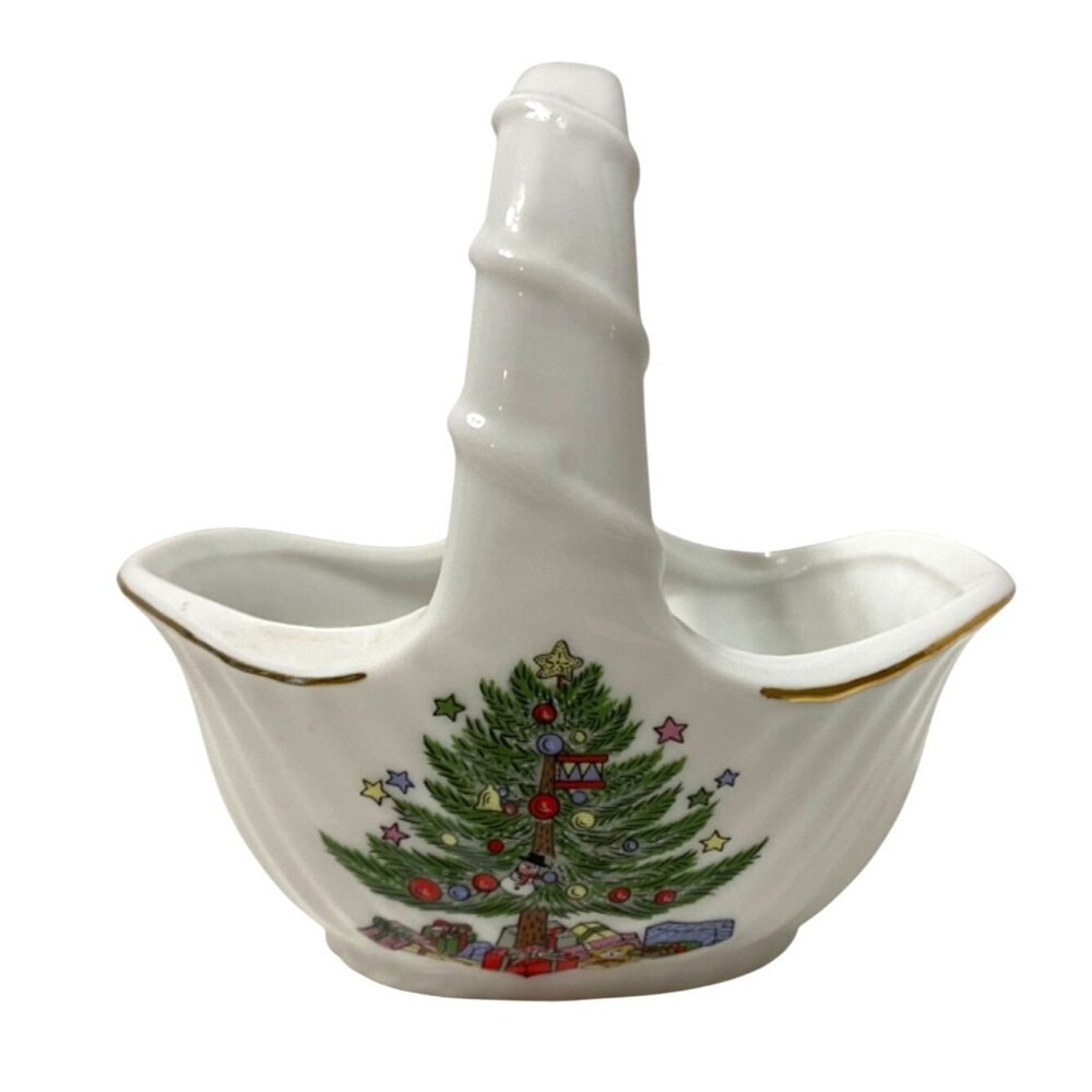 Vintage Christmas Porcelain Basket With Gold Trim & Tree Design Taiwan